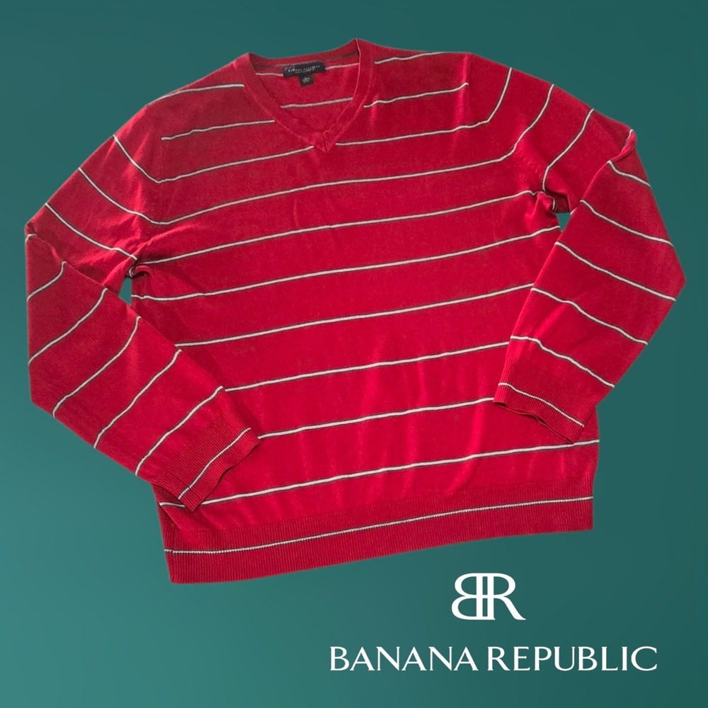 Banana Republic Sweater Mens Silk Cashmere Striped V-Neck Red Large
